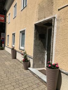 阿特尔高地区圣格奥尔根Appartement Attergau的门前有三个大花盆的建筑