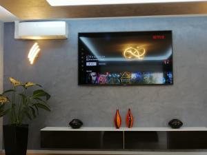 凯尔克海姆Luxus Wohnung in der Nähe von Frankfurt的壁挂式平面电视,带花瓶
