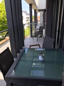 豪伊杜索博斯洛Oasis Residence的阳台的玻璃桌,享有庭院的景色