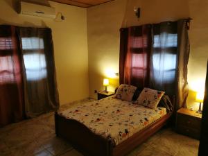 科托努ROMO house的一间卧室配有一张床、两个窗户和两盏灯