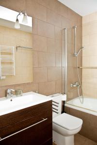 巴塞罗那克拉里斯公寓式酒店的浴室配有盥洗盆、卫生间和淋浴。