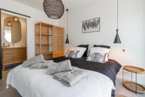 莱昂Maison Gemme a Landes的卧室配有一张带枕头的大型白色床。