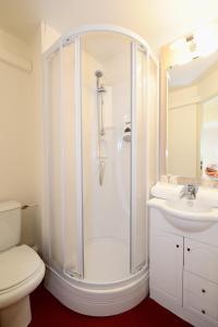 塔布肯尼迪会展公园酒店的带淋浴、卫生间和盥洗盆的浴室