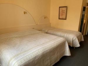 阿尔比密码酒店的配有白色床单的酒店客房内的两张床