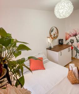 科拉雷侯Habitación Privada + Baño Privado en la vivienda的一间卧室配有一张床和盆栽植物