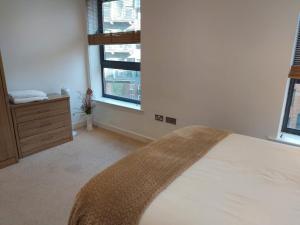 谢菲尔德City 2 Bed, 2 Bath, Free Parking & WiFi的一间卧室设有一张大床和一个窗户。