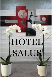 米兰索尔斯酒店的表示酒店用花在两瓶花中闲置的标志