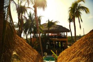 埃斯孔迪多港埃斯孔迪多港爱情旅馆的棕榈树度假村和一座带游泳池的建筑