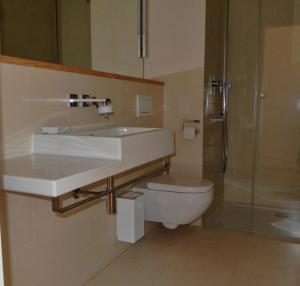 图青图青新教学院酒店的一间带水槽、卫生间和淋浴的浴室