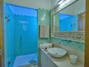 切尔沃港Dolce Vita Boutique Hotel的蓝色瓷砖浴室设有水槽和淋浴