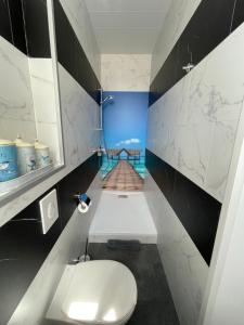 唐莱沃斯热La Maison Bleue « La Charade »的铺有木地板,设有白色卫生间的浴室。