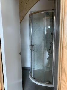 韦尔斯Glastonbury Glamping的玻璃门的淋浴间
