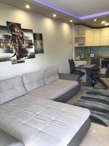 豪伊杜索博斯洛Oasis Residence的一间带白色沙发的客厅和一间厨房