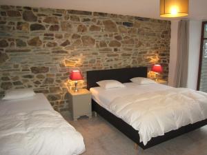 特镇科奥别墅的一间卧室设有两张床和石墙