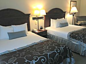 查尔斯顿Wingate by Wyndham Charleston Southern University的酒店客房,配有两张床和椅子