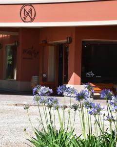 林肯Mestizo Hotel的一座在前面布满紫色花的建筑