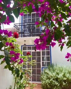 圣胡安特奥蒂瓦坎Villa Las Campanas的前面有紫色花的窗户