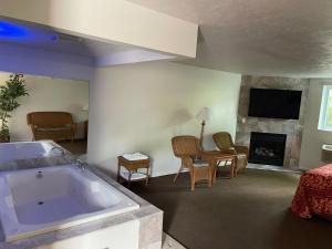 莱昂斯VIBE INN - WHIRLPOOLS SUITES - Lyons的客厅设有大浴缸和壁炉