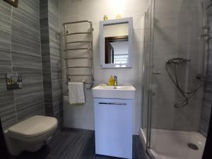 尤日内Квартира апартаменты с авторскими ремонтом的浴室配有卫生间、盥洗盆和淋浴。