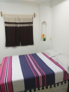 洛雷托Loreto La Regional的一间卧室配有一张床,床上有条纹毯子