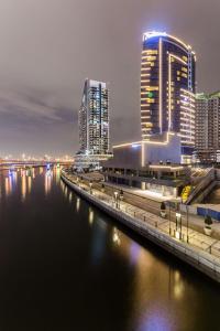 迪拜Radisson Blu Hotel, Dubai Canal View的一座有高楼和夜河的城市