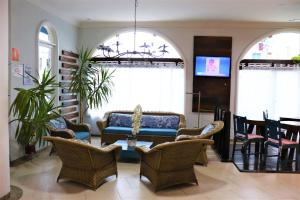 大普拉亚Ibericas Praia Hotel的客厅配有蓝色的沙发和椅子
