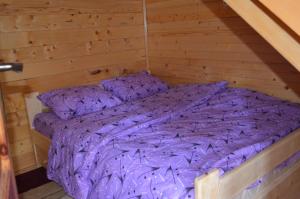 扎布利亚克米莱娜旅馆的小木屋内的一张床铺,配有紫色床单