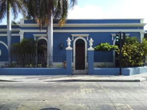 梅里达Künük Hotel Boutique的一座带大门和棕榈树的蓝色房子