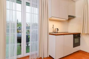 尤斯托尼莫斯基Villa Fenix的一间厨房,配有白色的橱柜和大窗户