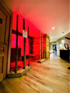 莫尔济讷Hotel Alpina的一间设有红色墙壁和木地板的客房