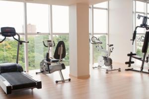 雷西斯膝西亚尼亚特城市酒店的带有氧器材的健身房,位于带窗户的房间内