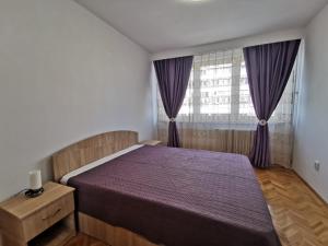 德瓦Apartament Carla-Maria的一间卧室配有一张床和一个带紫色窗帘的窗户