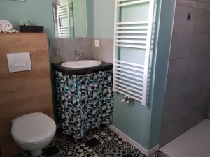 安德诺莱斯贝恩Chambres d'hôtes couleur bassin d'Arcachon的浴室配有白色卫生间和盥洗盆。