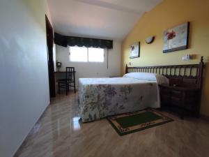 阿兰扎达Pension Casa Carmela的一间卧室配有一张床、一张桌子和一个窗户。