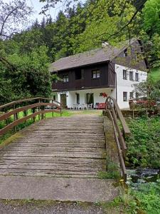 梅图耶河畔特普利采pension TARA的一座木桥,通往一座有建筑的房子
