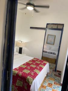 圣多明各Chao Mamá Hostal的一间卧室配有一张床和吊扇