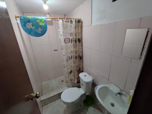 巴尼奥斯巴尼奥斯圣阿瓜度假屋的浴室配有卫生间、淋浴和盥洗盆。