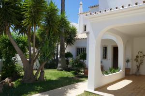 阿尔布费拉Villa a Sul的院子里有棕榈树的白色房子