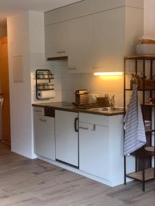 克洛斯特斯多夫FeWo Gotschna Haus Bargis的厨房配有白色橱柜和水槽