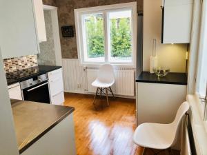 赫尔辛基Villa Alex的厨房配有白色椅子和窗户