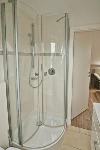 黑尔戈兰岛豪恩菲尔斯公寓的浴室里设有玻璃门淋浴