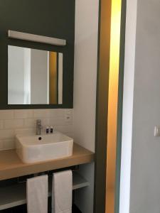 安特卫普阿施旅舍的浴室配有盥洗盆、镜子和毛巾