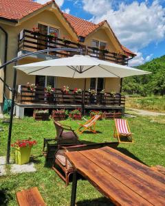 Crni VrhVila Vrh的院子里有长凳和遮阳伞的房子