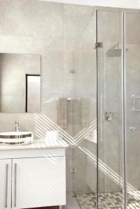 香槟谷Eleven on Tumbleweed, Cathkin Estates的一间带玻璃淋浴和水槽的浴室