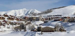 Mount Crested Butte艾勒维申温泉酒店的一座被雪覆盖的小镇,背景是一座山