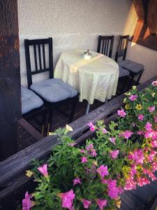 捷克克鲁姆洛夫R-膳食公寓的阳台上的桌椅和鲜花