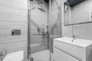 斯图托沃VIP House Apartamenty的带淋浴、盥洗盆和卫生间的浴室