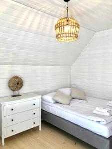 波别罗沃Playa Pobierowo的一间卧室配有一张床和一个吊灯