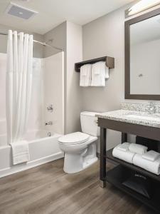 戈尔兹伯勒stayAPT Suites Goldsboro-Seymour Johnson AFB的浴室配有卫生间、淋浴和盥洗盆。