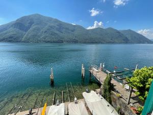 OriaLugano Lake, nido del cigno的船坞和山地的水域